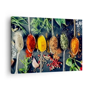 Vászonkép - Színes fűszerek kanalakon, gyógynövényekkel a háttérben - 70x50cm - Kulináris varázslat - Modern fali dekoráció nappalihoz és hálószobához ARTTOR