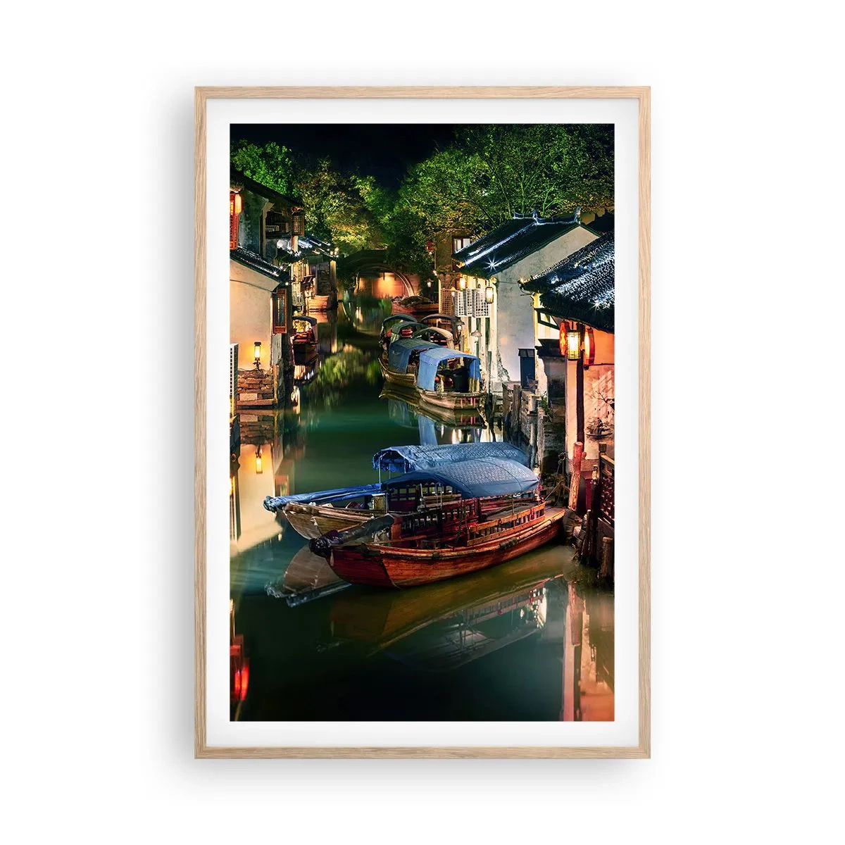 Poszter világos tölgy keretben - Este egy kínai utcán - 61x91 cm