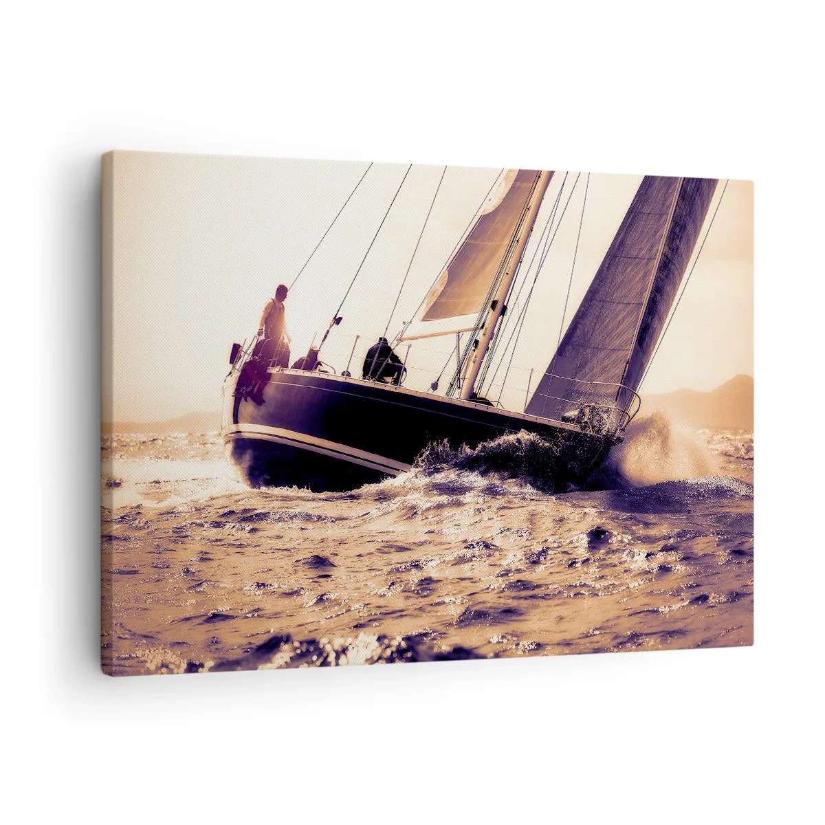 Vászonkép - Egy jacht a viharos tengeren a lenyugvó nap fényében - 70x50cm - Vitorlázz, tengerész - Modern fali dekoráció nappalihoz és hálószobához ARTTOR