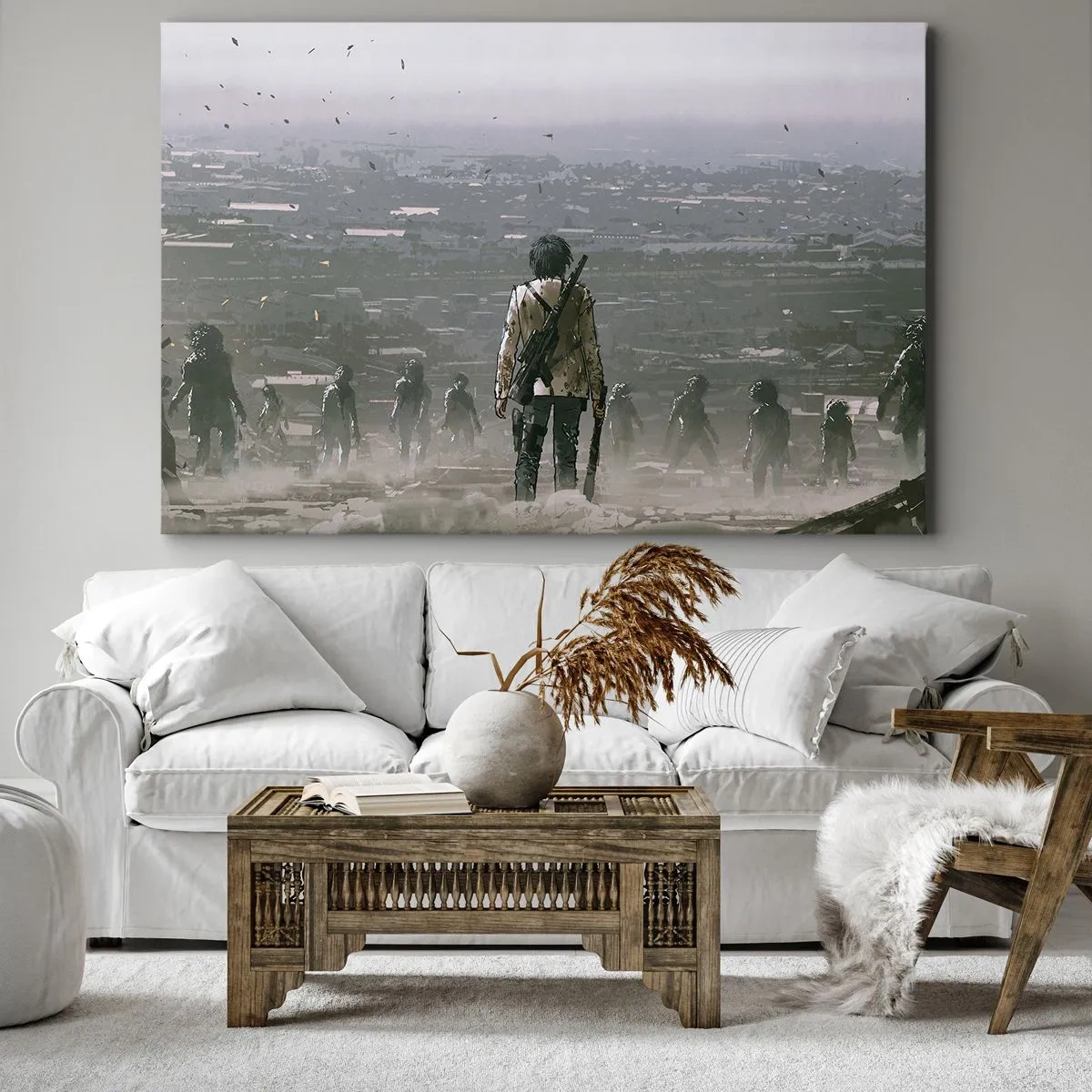 Vászonkép - Egy fegyveres alak áll egy csoport előtt egy disztópikus tájképen. - 70x50cm - Utolsó igazságos? - Modern fali dekoráció nappalihoz és hálószobához ARTTOR