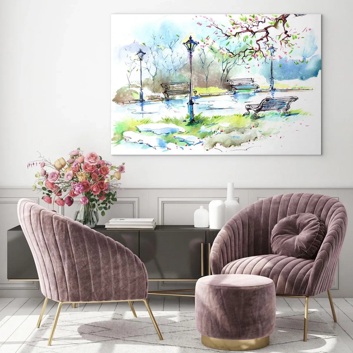 Üveg kép - Akvarell festmény egy parkról padokkal és lámpásokkal - 70x50cm - A park csendjének varázsa - Modern fali dekoráció nappalihoz és hálószobához ARTTOR