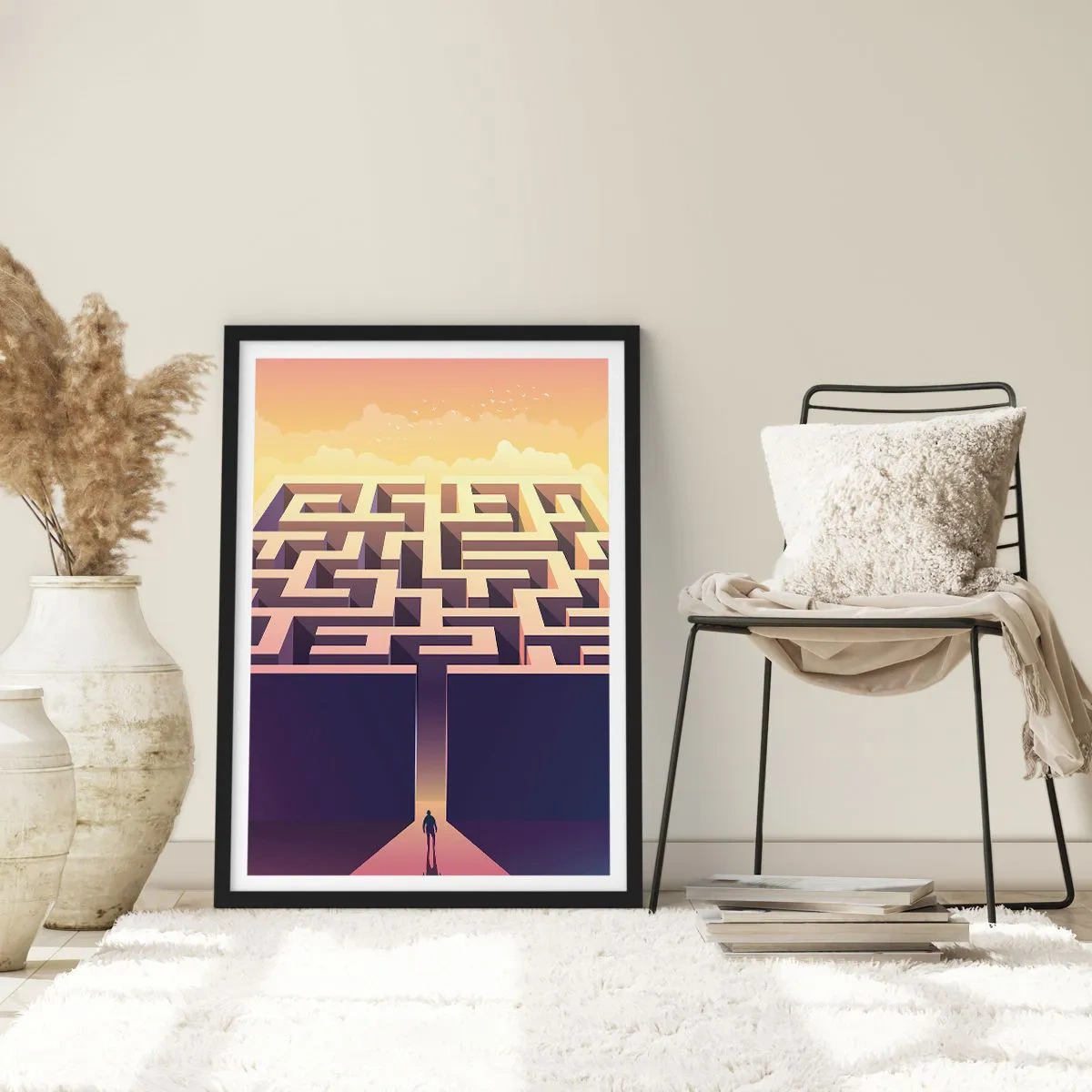 Poszter fehér keretben - Egy szimbolikus labirintus arany fényben - 50x70cm - Döntés ideje - Modern fali dekoráció nappalihoz és hálószobához ARTTOR