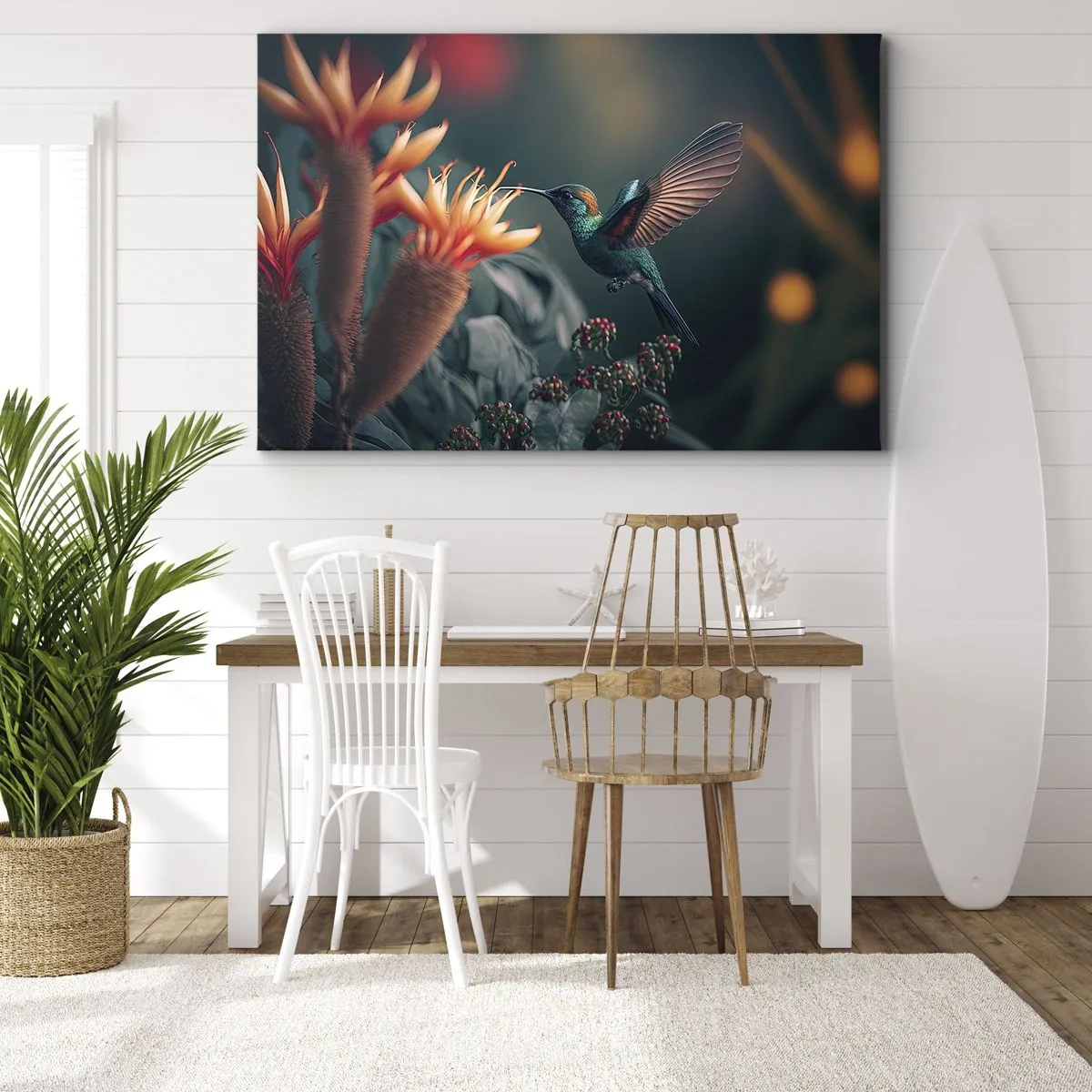 Vászonkép - Egy színes kolibri virágok mellett természetes háttér előtt - 70x50cm - Egy igazán színes élet - Modern fali dekoráció nappalihoz és hálószobához ARTTOR