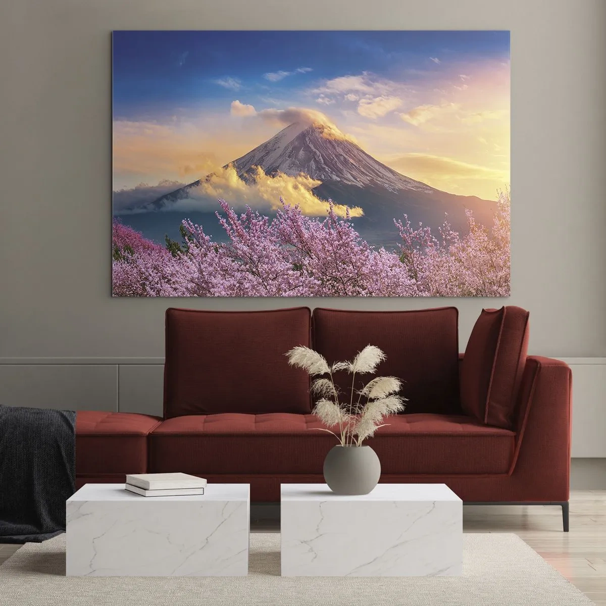 Üveg kép - A háttérben a Fuji-hegy, előtérben virágzó sakurafákkal - 70x50cm - Japán szentség - Modern fali dekoráció nappalihoz és hálószobához ARTTOR