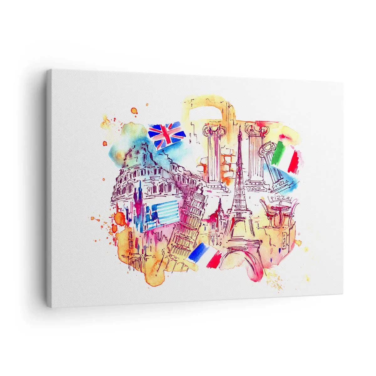 Vászonkép - Európai szimbólumok akvarellje országzászlókkal - 70x50cm - Európai körút - Modern fali dekoráció nappalihoz és hálószobához ARTTOR