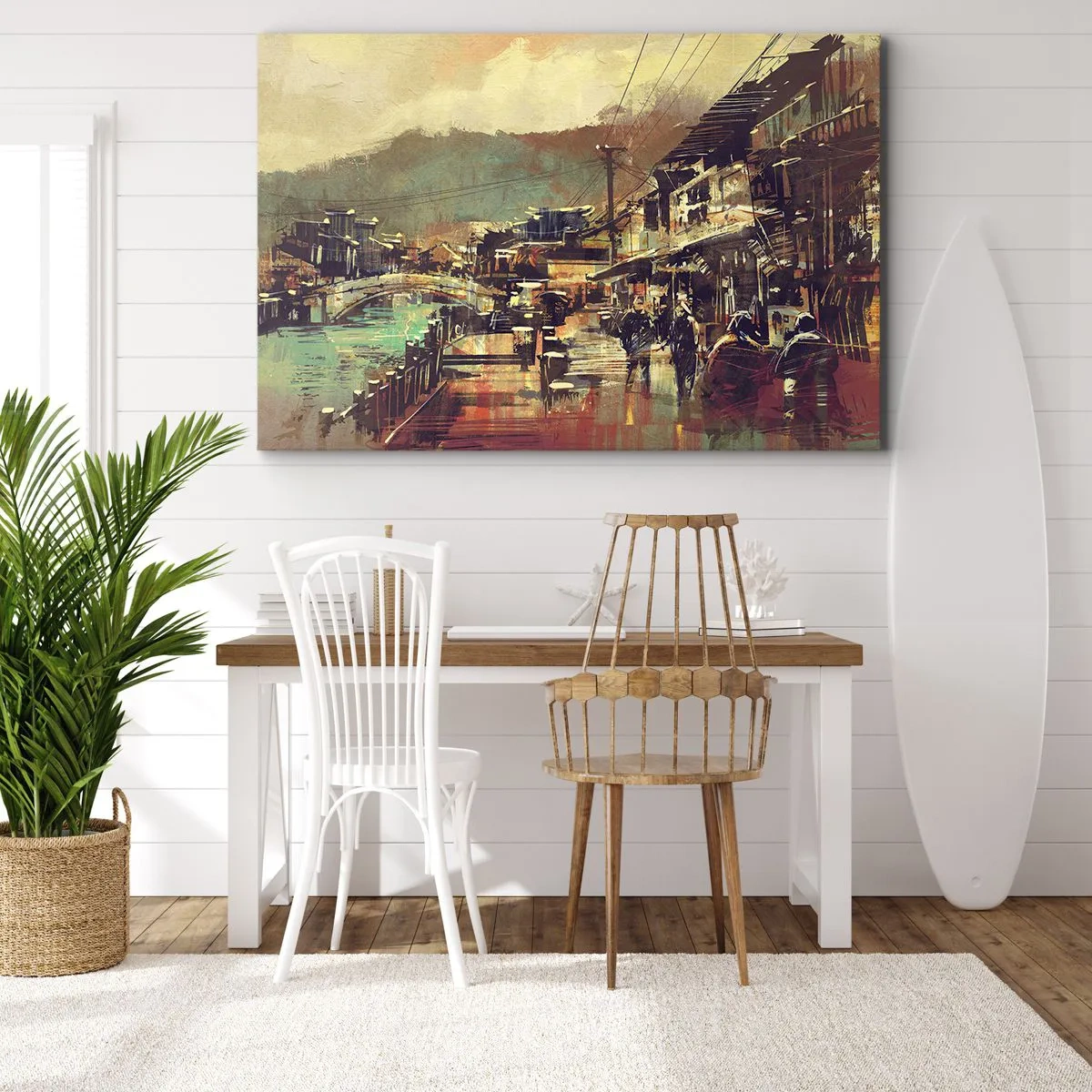 Vászonkép - Egy város híddal és művészien berendezett utcákkal - 70x50cm - Az élet, mint a szürke gazdagság - Modern fali dekoráció nappalihoz és hálószobához ARTTOR