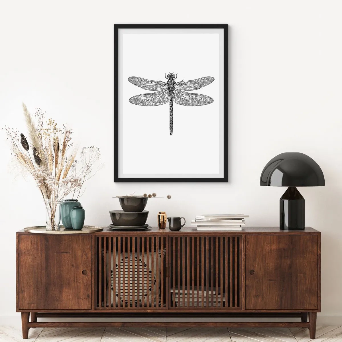 Poszter fehér keretben - Fekete-fehér illusztráció egy szitakötőről fehér alapon - 50x70cm - A természet precizitása - Modern fali dekoráció nappalihoz és hálószobához ARTTOR