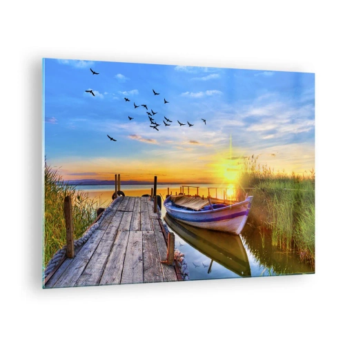Üveg kép - Fából készült móló egy tó felett, csónakkal napfelkeltekor - 70x50cm - Viszlát holnapig - Modern fali dekoráció nappalihoz és hálószobához ARTTOR