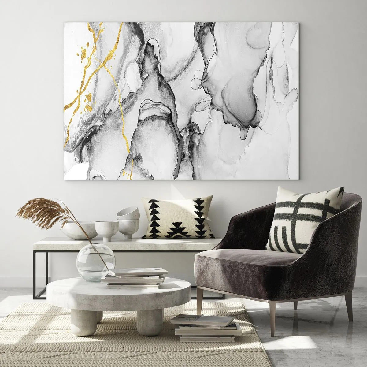 Üveg kép - Absztrakt fekete-fehér kompozíció arany díszítéssel - 70x50cm - Arany motívumú kompozíció - Modern fali dekoráció nappalihoz és hálószobához ARTTOR