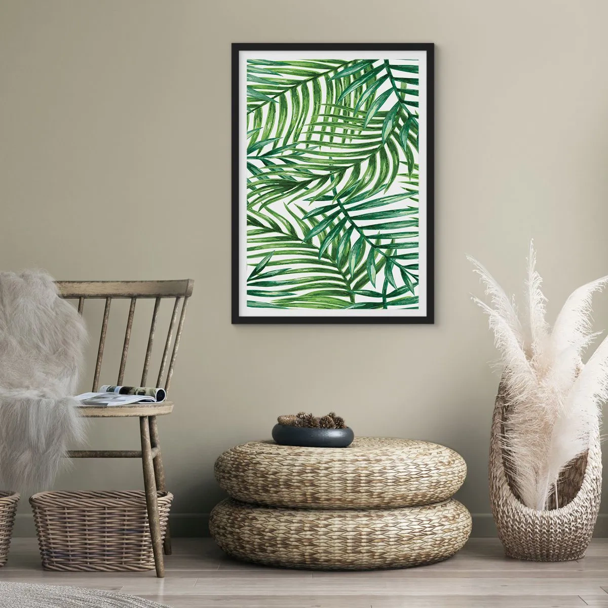 Poszter fehér keretben - Pálmafák minimalista botanikai mintázatban - 50x70cm - A zöld lombkorona alatt - Modern fali dekoráció nappalihoz és hálószobához ARTTOR
