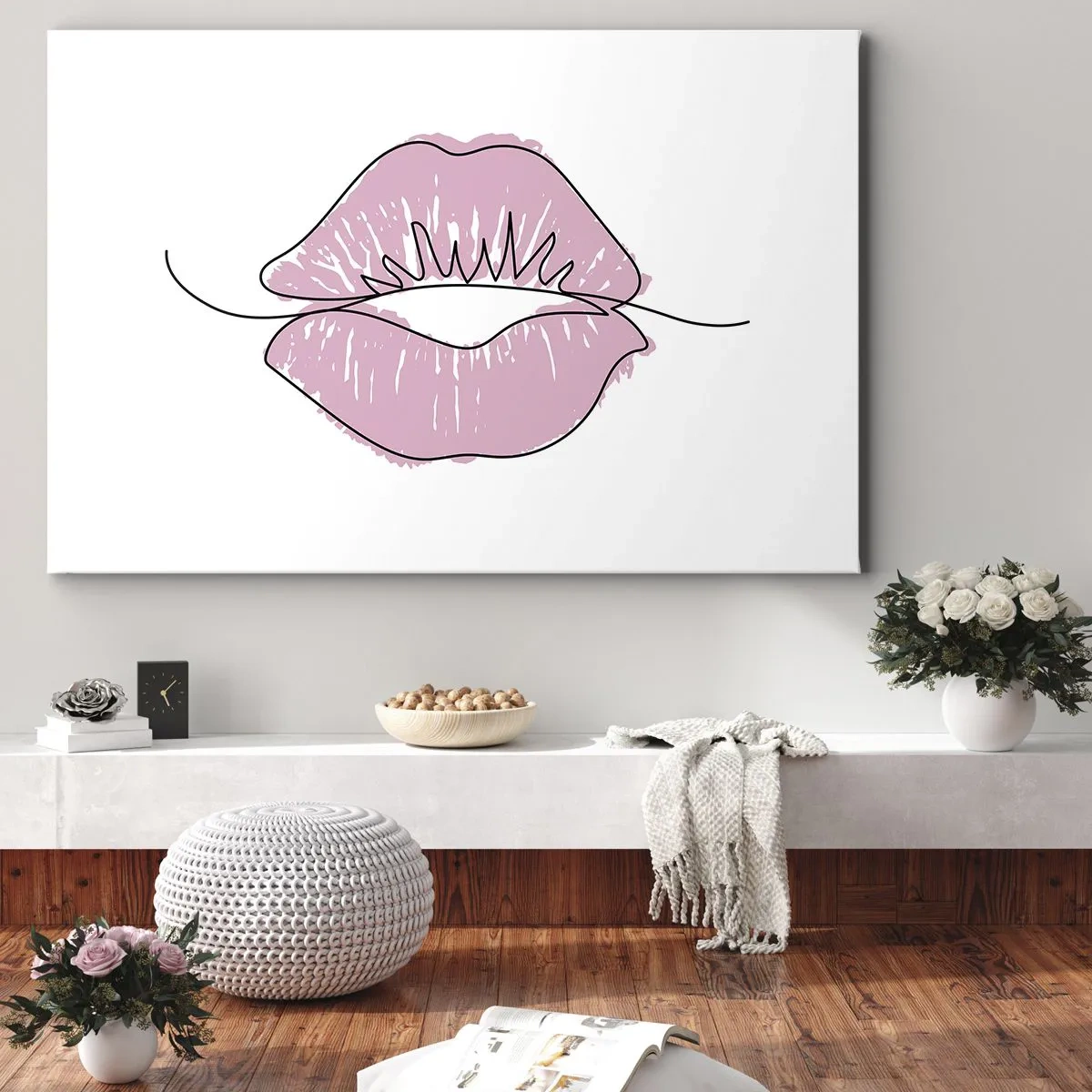 Vászonkép - Minimalista ajakrajz rózsaszín árnyalatban - 70x50cm - Készen állsz a csókra? - Modern fali dekoráció nappalihoz és hálószobához ARTTOR