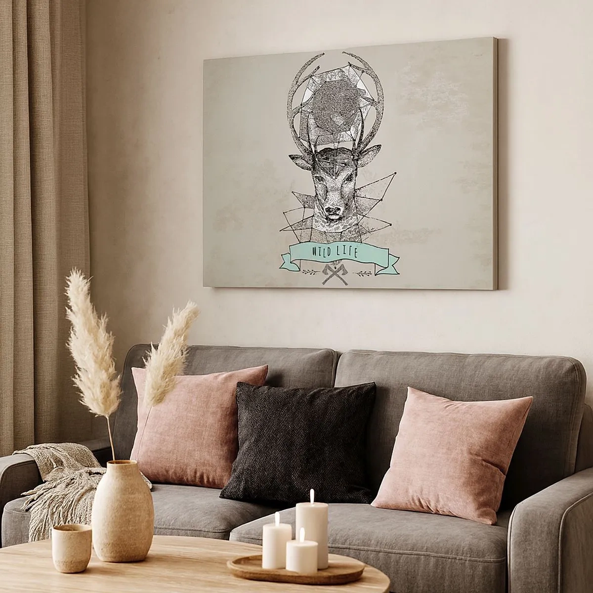 Vászonkép - Vintage stílusú szarvas geometria Wild Life felirattal - 70x50cm - Szt. Hubertus látomása - Modern fali dekoráció nappalihoz és hálószobához ARTTOR