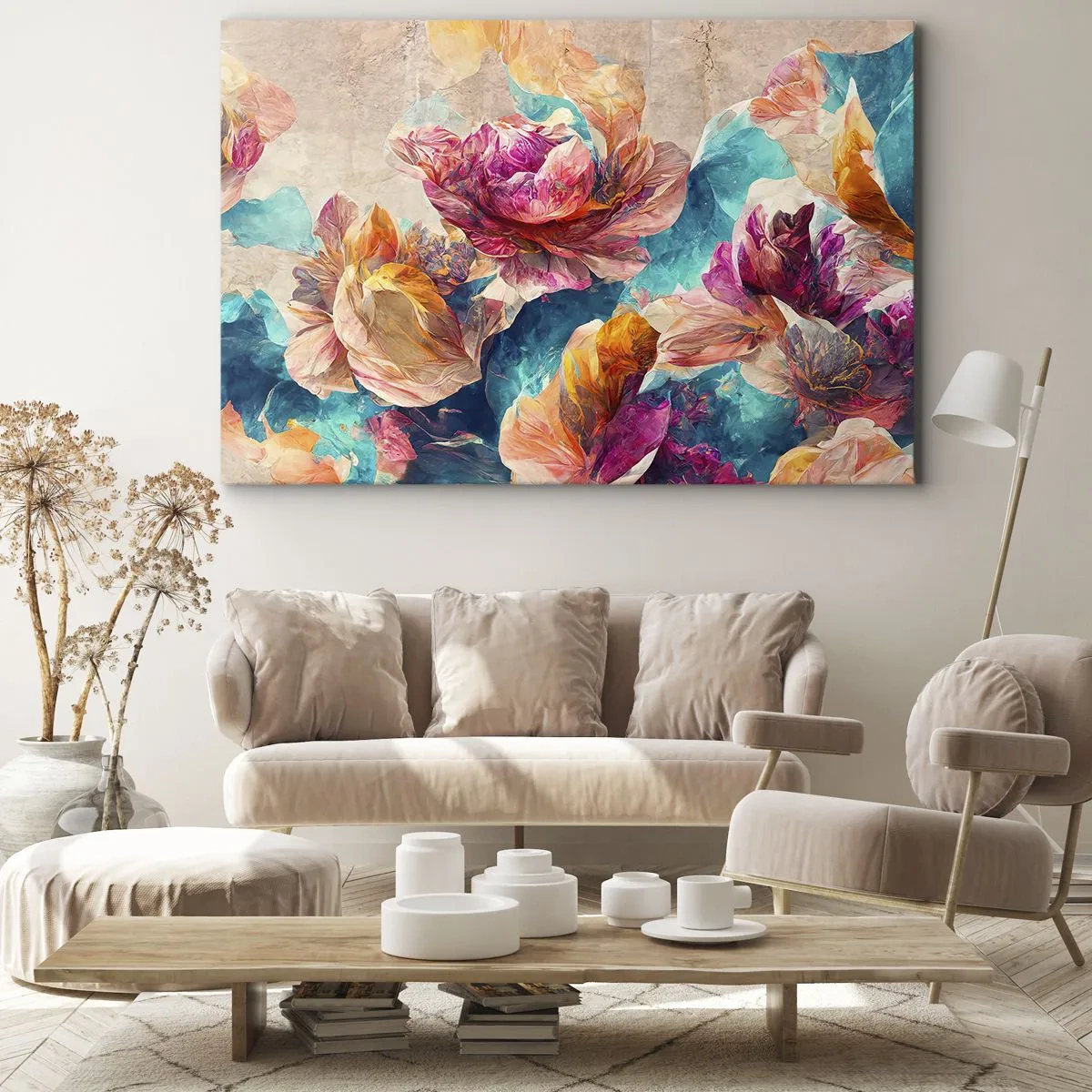 Vászonkép - Színes virágok bézs alapon - 70x50cm - Egy csokor színes pompája - Modern fali dekoráció nappalihoz és hálószobához ARTTOR
