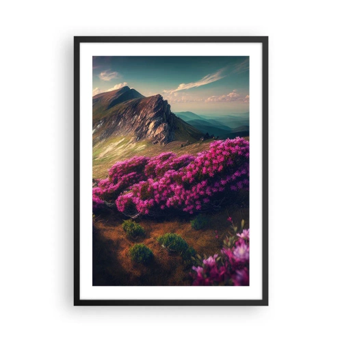 Poszter fehér keretben - Hegyi táj virágzó rododendronokkal - 50x70cm - Nyár a hegyekben - Modern fali dekoráció nappalihoz és hálószobához ARTTOR