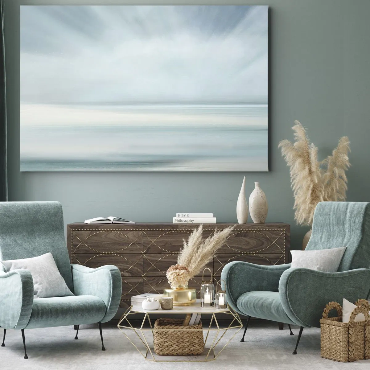 Vászonkép - Minimalista tájkép finom kék árnyalatokban - 70x50cm - Béke egészen a horizontig - Modern fali dekoráció nappalihoz és hálószobához ARTTOR