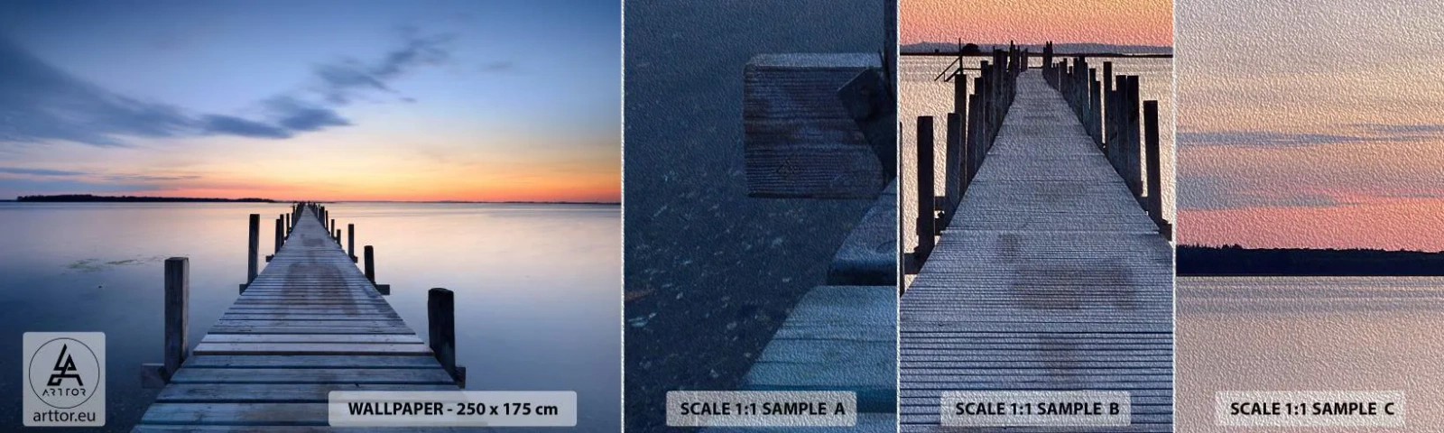 Fotótapéta Minta Premium Sand - A derűs szürkület nyugalma - Tájkép, öböl, Fa híd - 100x30 cm