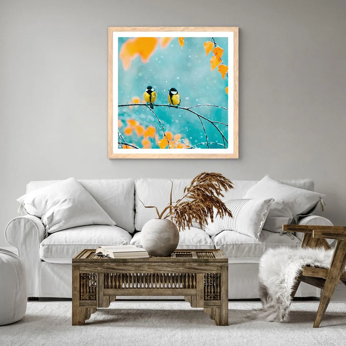 Poszter világos tölgy keretben - Madárpletykák - 60x60 cm