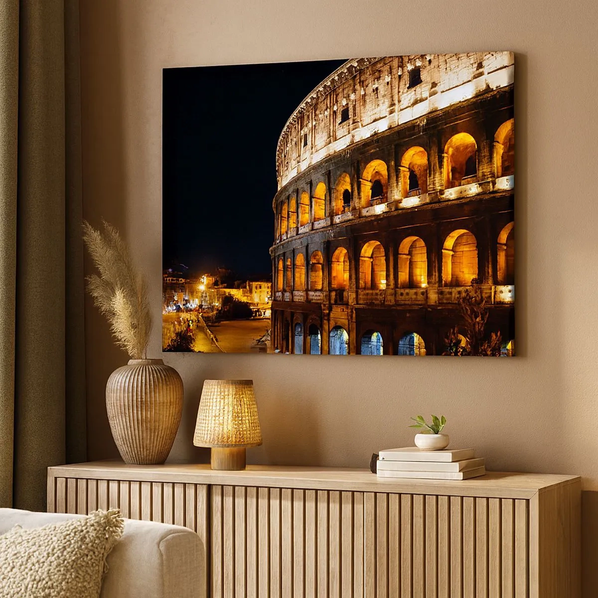 Vászonkép - A római Colosseum éjszakai fényekkel megvilágítva - 70x50cm - Ideje elkezdeni a játékokat - Modern fali dekoráció nappalihoz és hálószobához ARTTOR