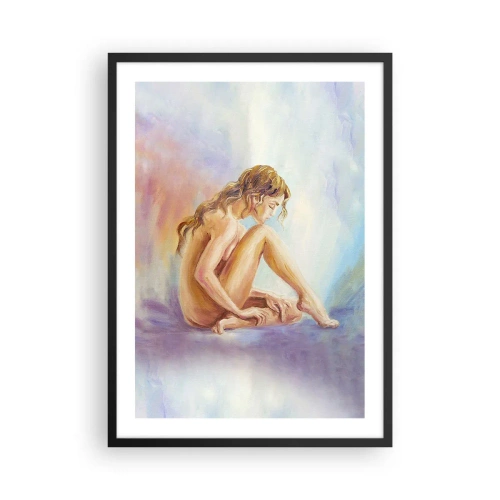 Poszter fehér keretben - Egy nő, aki gondolataiba merülve áll pasztell háttér előtt - 50x70cm - A fiatalság cselekedete - Modern fali dekoráció nappalihoz és hálószobához ARTTOR