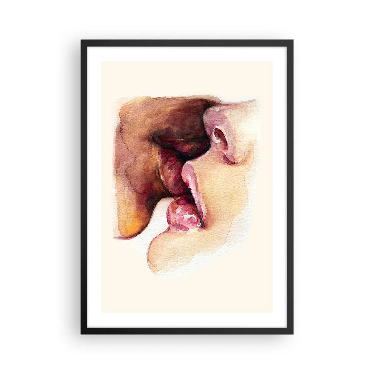 Poszter fehér keretben - Akvarell ajkak egy intim csókban világos háttér előtt - 50x70cm - Mint éjszaka és nap, föld és ég - Modern fali dekoráció nappalihoz és hálószobához ARTTOR