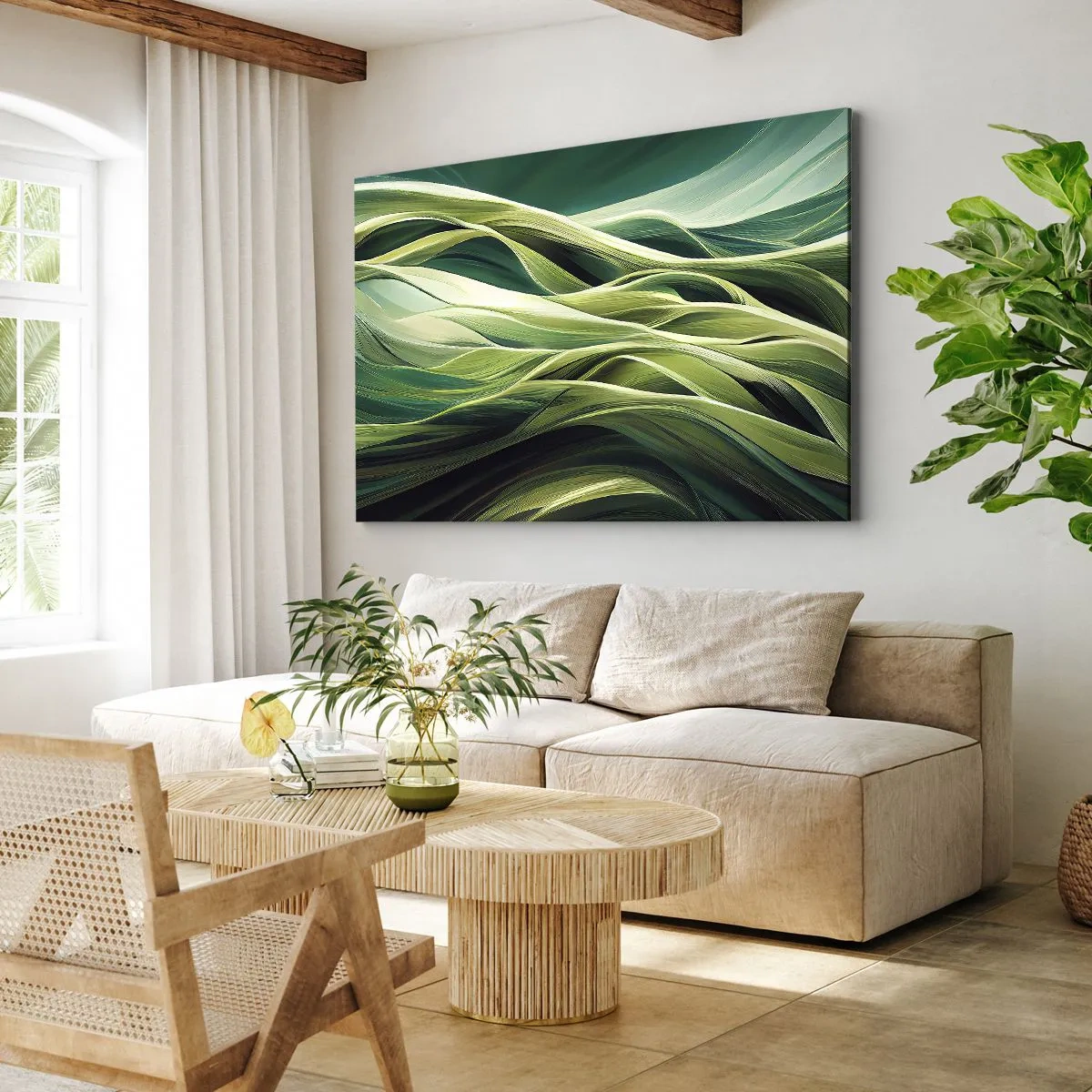 Vászonkép - Dinamikus vonalak zöld árnyalatokban - 70x50cm - Egy absztrakt zöldjáték  - Modern fali dekoráció nappalihoz és hálószobához ARTTOR