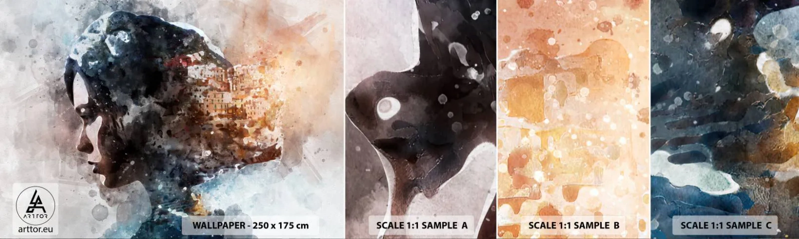 Fotótapéta Minta Öntapadós Deluxe Sticker - Történet egy lányról, várossal a háttérben - Absztrakció, Nő, Építészet - 100x30 cm