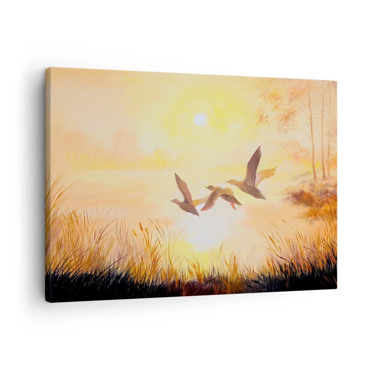 Vászonkép - Kacsák repülnek napfelkeltekor a tó felett - 70x50cm - Egy hosszú utazás kezdete - Modern fali dekoráció nappalihoz és hálószobához ARTTOR