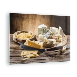 Üveg kép - Sajttál késsel rusztikus asztalon - 70x50cm - Mosolyogj a sajtra - Modern fali dekoráció nappalihoz és hálószobához ARTTOR