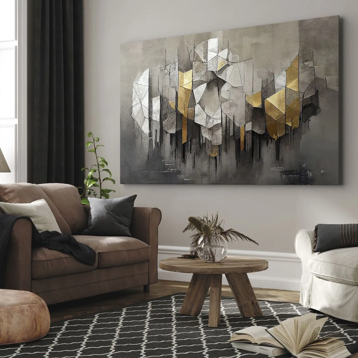 Vászonkép - Geometrikus absztrakció arany és szürke árnyalatokban - 70x50cm - Kompozíció jégből és fényből - Modern fali dekoráció nappalihoz és hálószobához ARTTOR