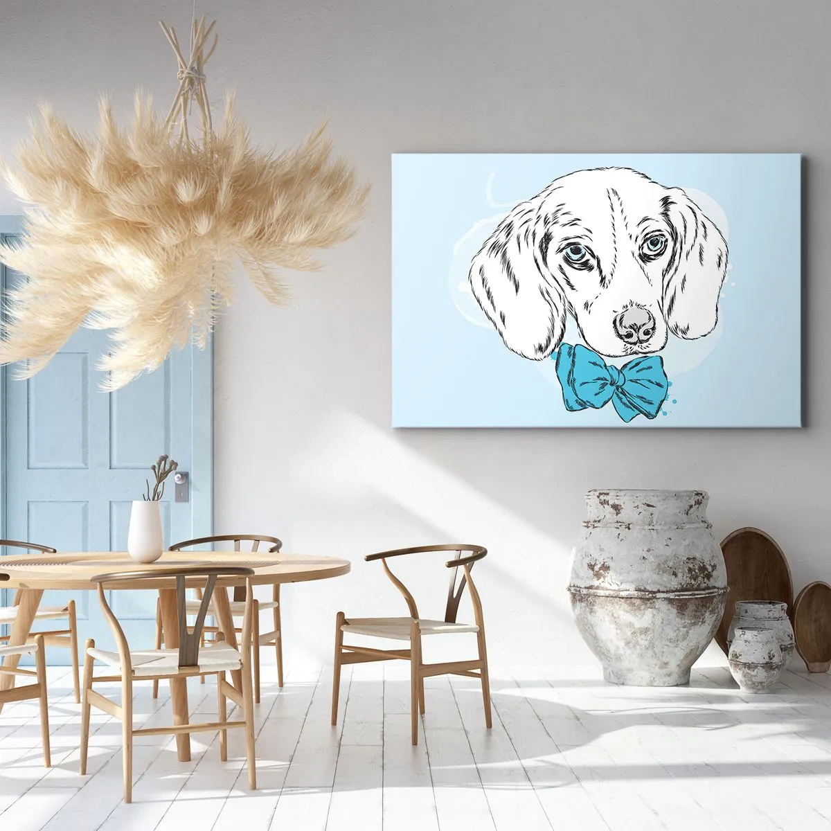 Vászonkép - Imádnivaló grafika egy csokornyakkendős kutyáról pasztell háttér előtt - 70x50cm - Kutya elegancia - Modern fali dekoráció nappalihoz és hálószobához ARTTOR