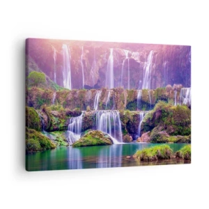 Vászonkép - Zöld növényzettel körülvett vízesések pasztellvilágítással - 70x50cm - Lépcső a menybe - Modern fali dekoráció nappalihoz és hálószobához ARTTOR