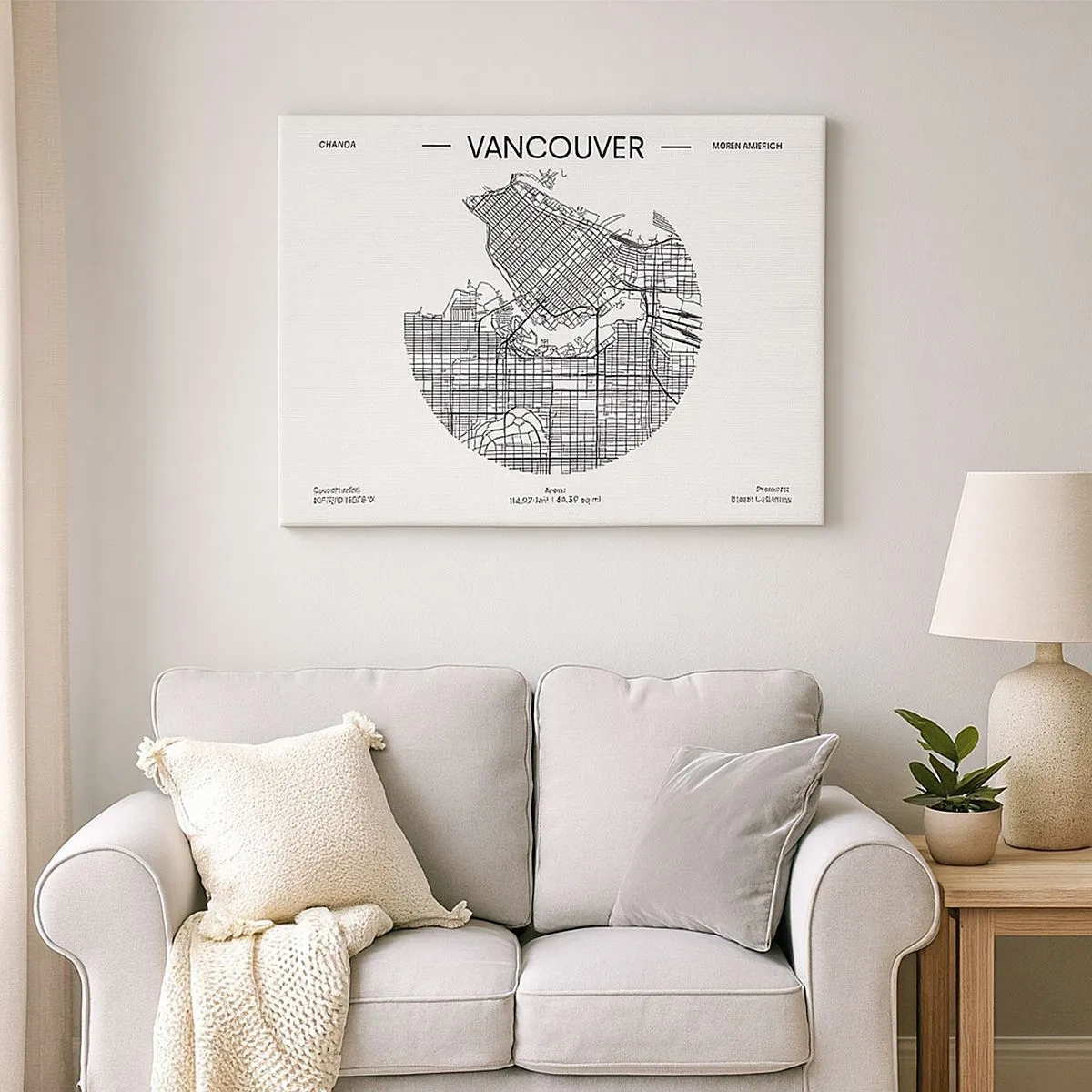 Vászonkép - Vancouver térképe minimalista fekete-fehér stílusban - 70x50cm - Vacouver anatómiája - Modern fali dekoráció nappalihoz és hálószobához ARTTOR