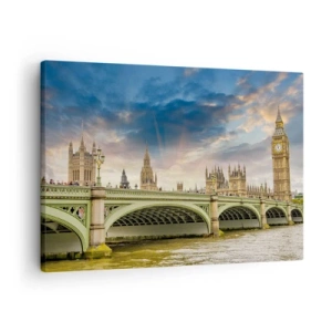 Vászonkép - Big Ben és Westminster híd az ég ellen alkonyatkor - 70x50cm - Az idő megállt a Birodalomban - Modern fali dekoráció nappalihoz és hálószobához ARTTOR