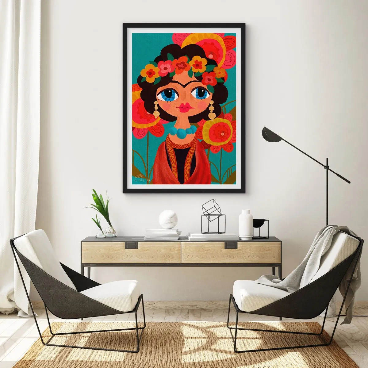 Poszter fehér keretben - Színes portré egy nőről népi stílusban és virágkoronával - 50x70cm - A mákos leány - Modern fali dekoráció nappalihoz és hálószobához ARTTOR