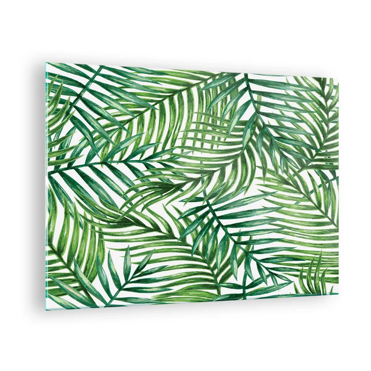 Üveg kép - Zöld pálmalevelek fehér alapon, geometrikus mintát hozva létre - 70x50cm - A zöld lombkorona alatt - Modern fali dekoráció nappalihoz és hálószobához ARTTOR