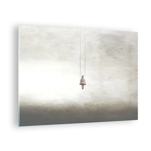 Üveg kép - Egy alak egy hintán lebeg az égen - 70x50cm - A bennünk lévő gyerek - Modern fali dekoráció nappalihoz és hálószobához ARTTOR