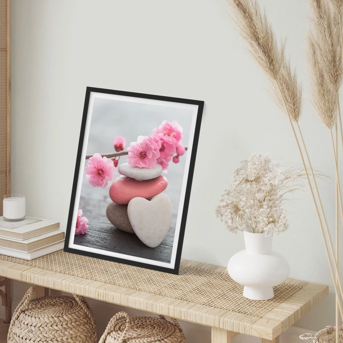 Poszter fehér keretben - Szív alakú kövek rózsaszín cseresznyevirágokkal - 50x70cm - Boldogság a cseresznyevirággal - Modern fali dekoráció nappalihoz és hálószobához ARTTOR