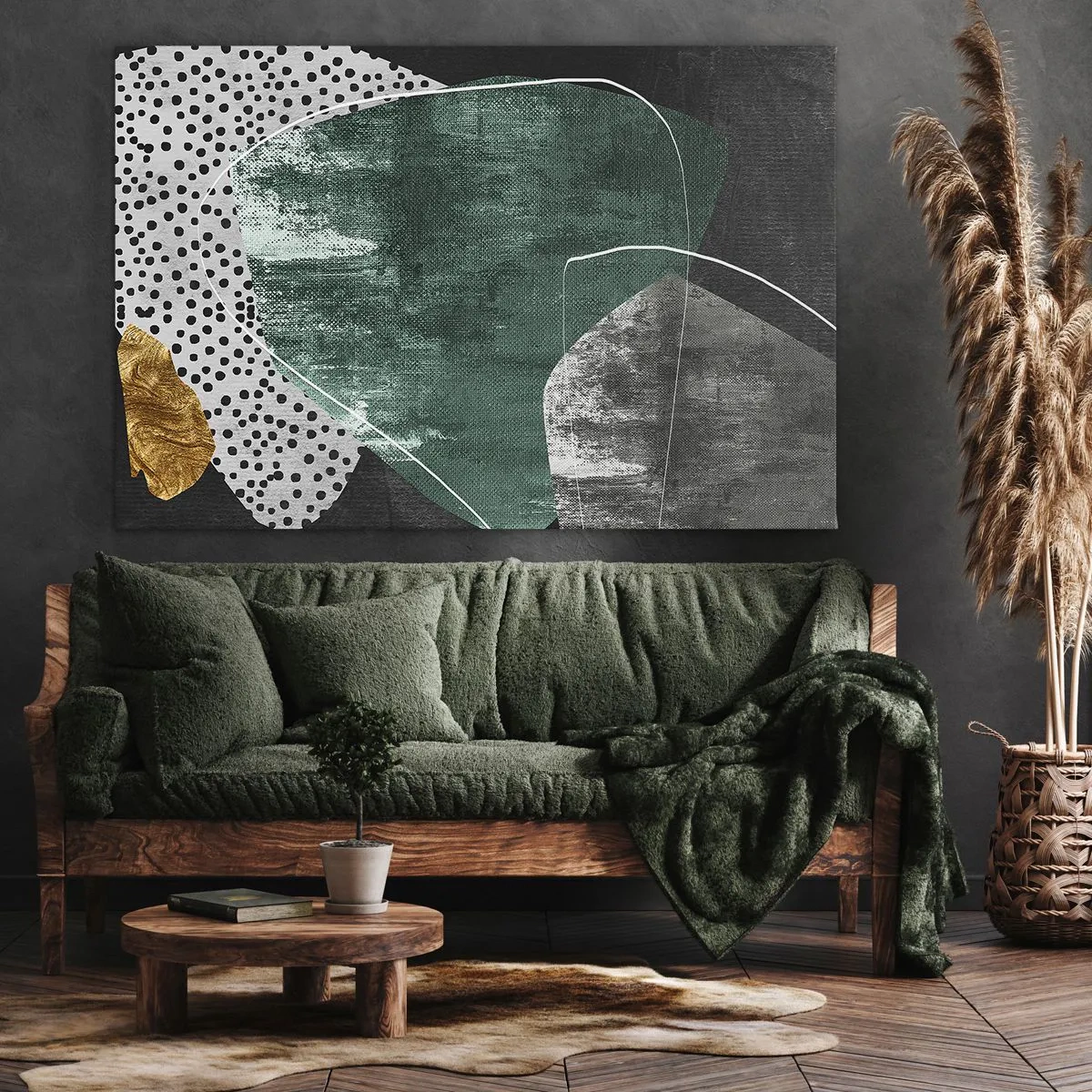 Vászonkép - Absztrakt kompozíció zöld formákkal és pontmintákkal - 70x50cm - Színes absztrakció aranypehellyel - Modern fali dekoráció nappalihoz és hálószobához ARTTOR