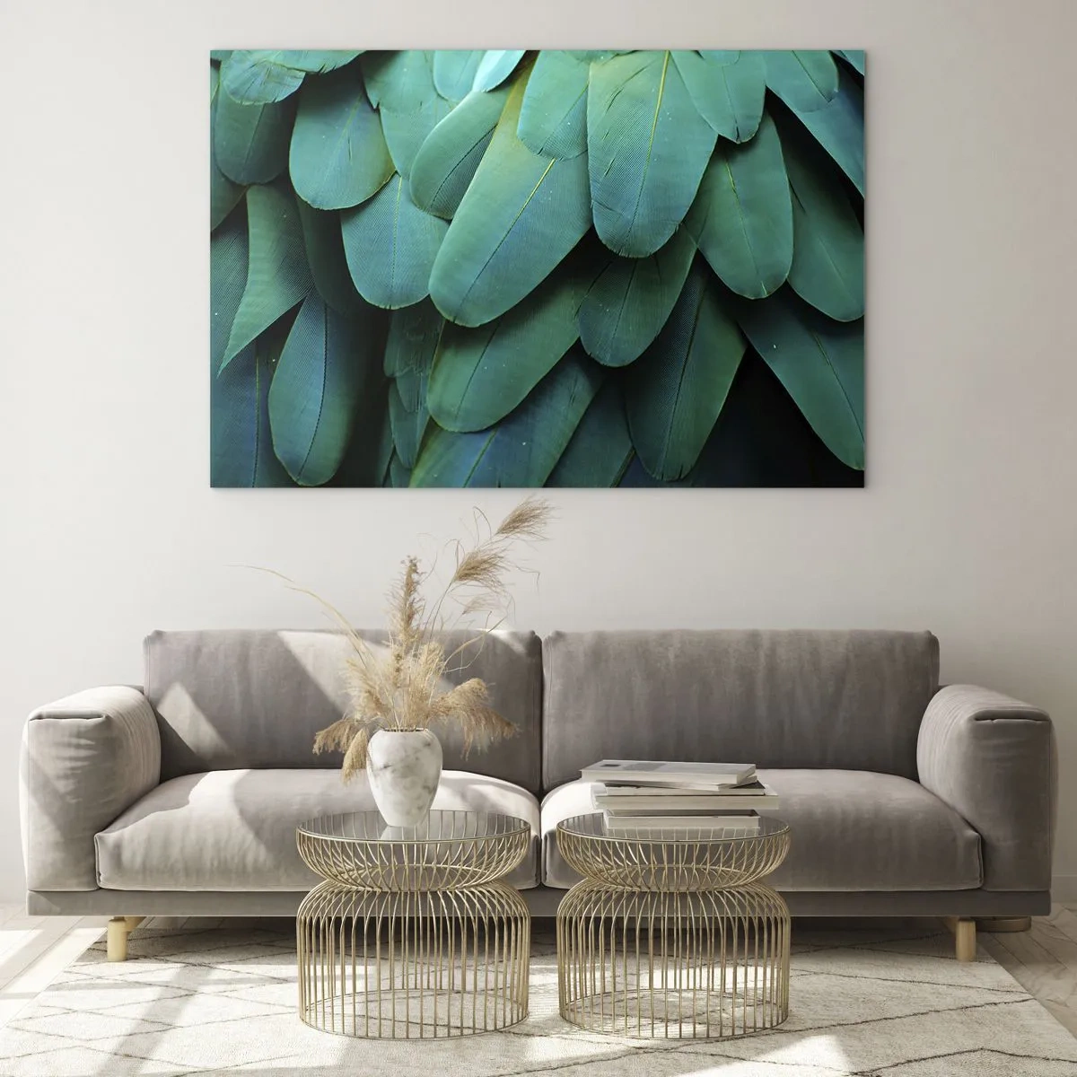 Üveg kép - Egy papagáj intenzív zöld tollai közeli képe. - 70x50cm - A papagájtermészet precizitása - Modern fali dekoráció nappalihoz és hálószobához ARTTOR