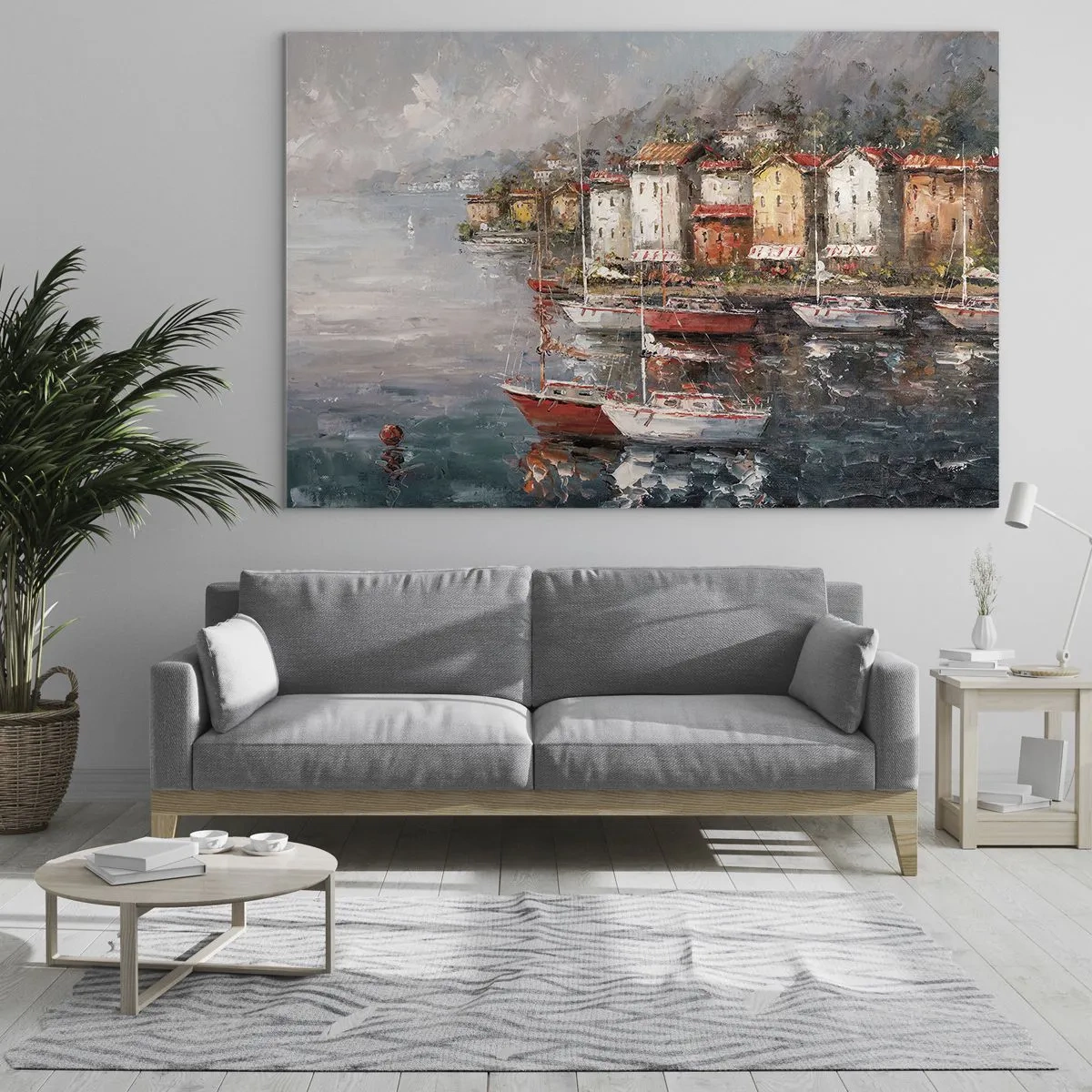 Üveg kép - Festői kikötő vitorlásokkal és színes házakkal - 70x50cm - Romantikus kikötő - Modern fali dekoráció nappalihoz és hálószobához ARTTOR