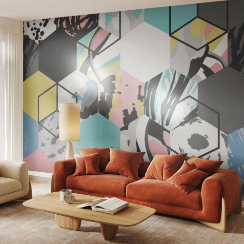 Fotótapéta Premium Sand - Hatszögek és kockák hat színben - Absztrakció, Darab, Modern minta - 200x140 cm