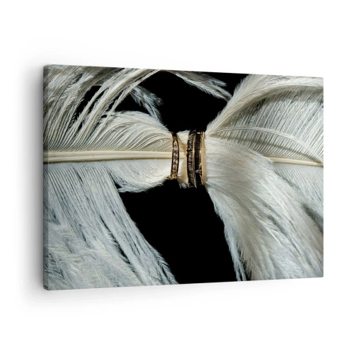 Vászonkép - Egy fehér toll két aranygyűrűvel fekete alapon - 70x50cm - ...és nem hagylak el... - Modern fali dekoráció nappalihoz és hálószobához ARTTOR