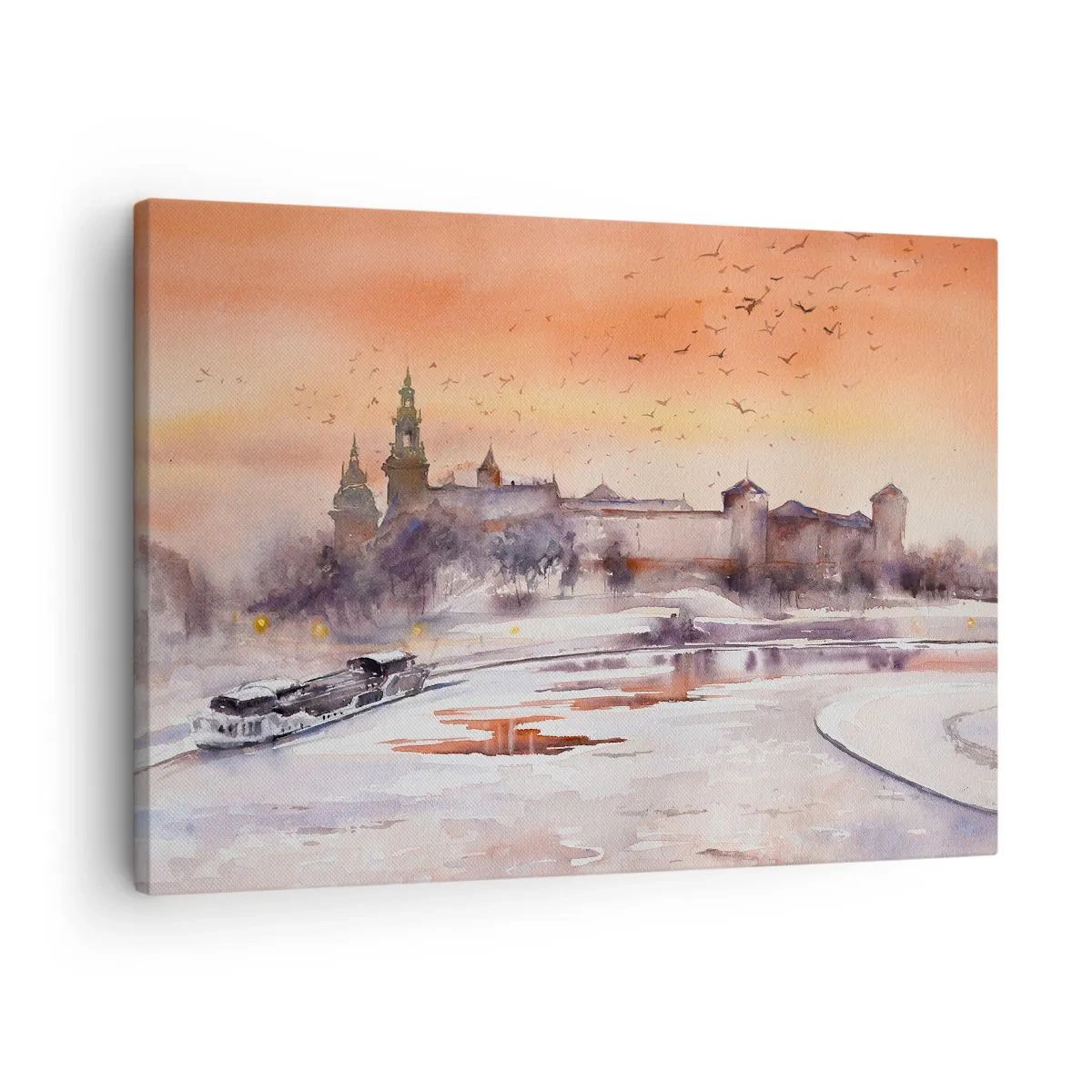 Vászonkép - Naplemente a kastély felett téli tájban - 70x50cm - Királyi naplemente - Modern fali dekoráció nappalihoz és hálószobához ARTTOR