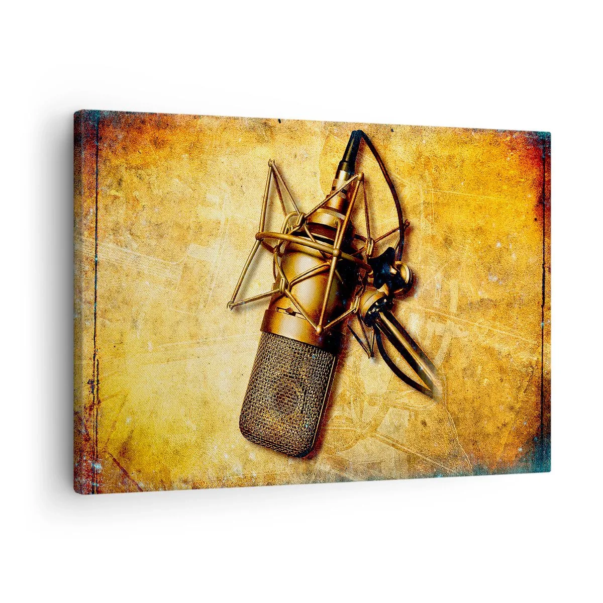 Vászonkép - Egy arany stúdiómikrofon meleg tónusú vintage háttér előtt. - 70x50cm - A rádiózás aranyévei - Modern fali dekoráció nappalihoz és hálószobához ARTTOR