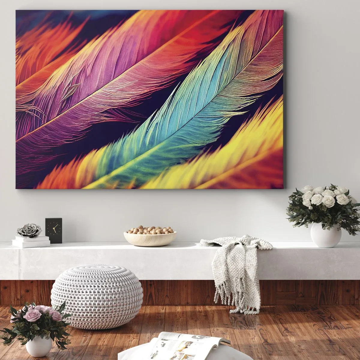Vászonkép - Színes tollak intenzív színekben - 70x50cm - Tollas szivárvány - Modern fali dekoráció nappalihoz és hálószobához ARTTOR