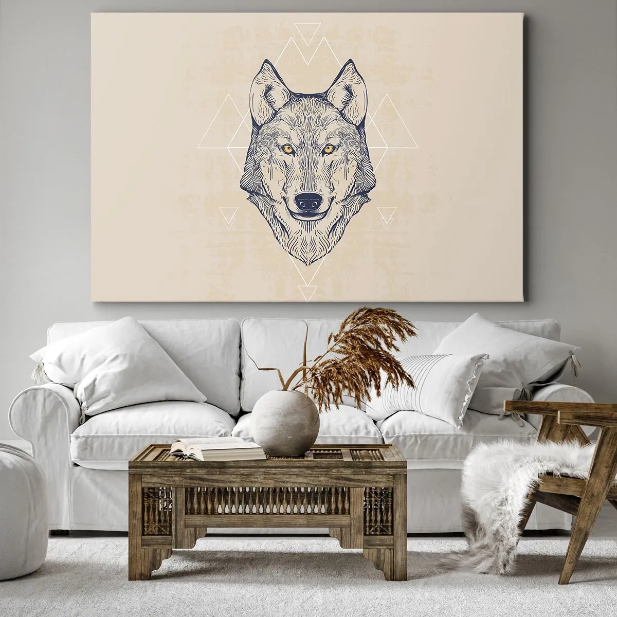 Vászonkép - Geometrikus farkas világos háttéren minimalista mintákkal. - 70x50cm - Átható tekintetű alfa - Modern fali dekoráció nappalihoz és hálószobához ARTTOR