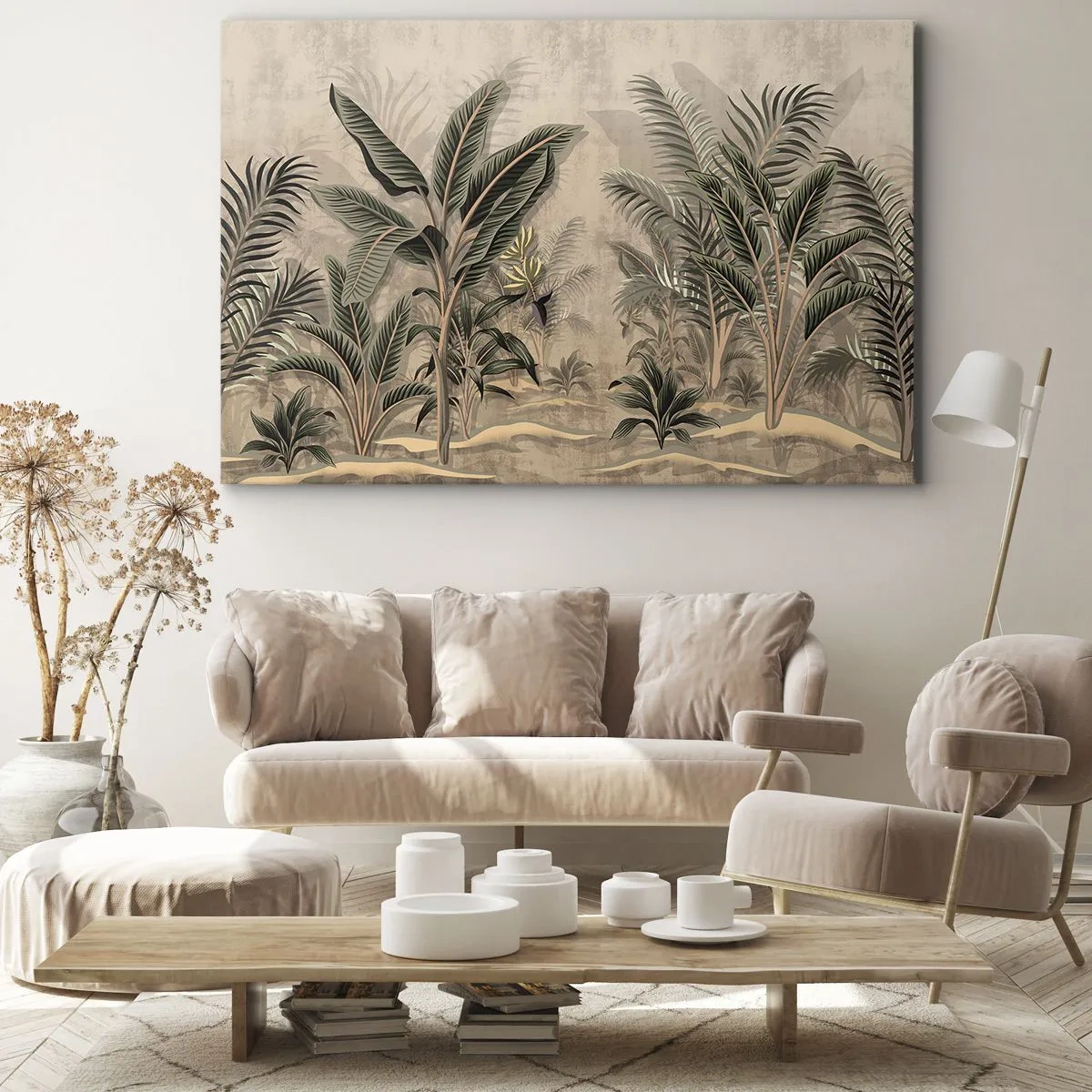 Vászonkép - Pálmafák és trópusi növényzet zöld árnyalatokban bézs alapon - 70x50cm - Gyarmati stílusú metszet - Modern fali dekoráció nappalihoz és hálószobához ARTTOR