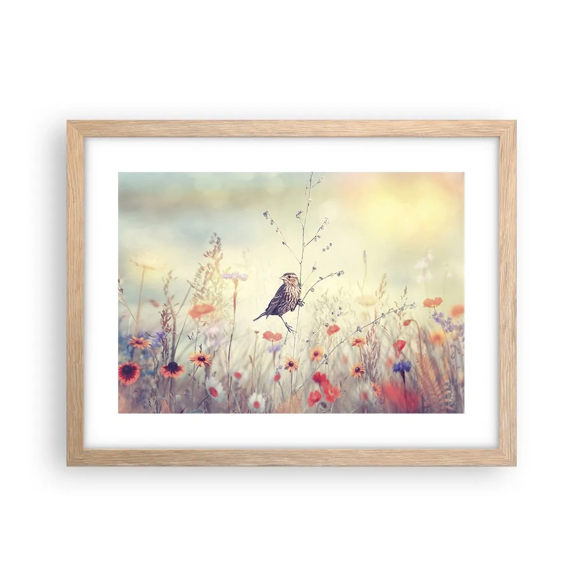 Poszter világos tölgy keretben - Madárportré egy réttel a háttérben - 40x30 cm