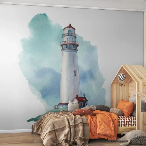 Fotótapéta Premium Sand - A kék szelíd húga - Világítótorony, Tengerpart, Rajz - 150x105 cm