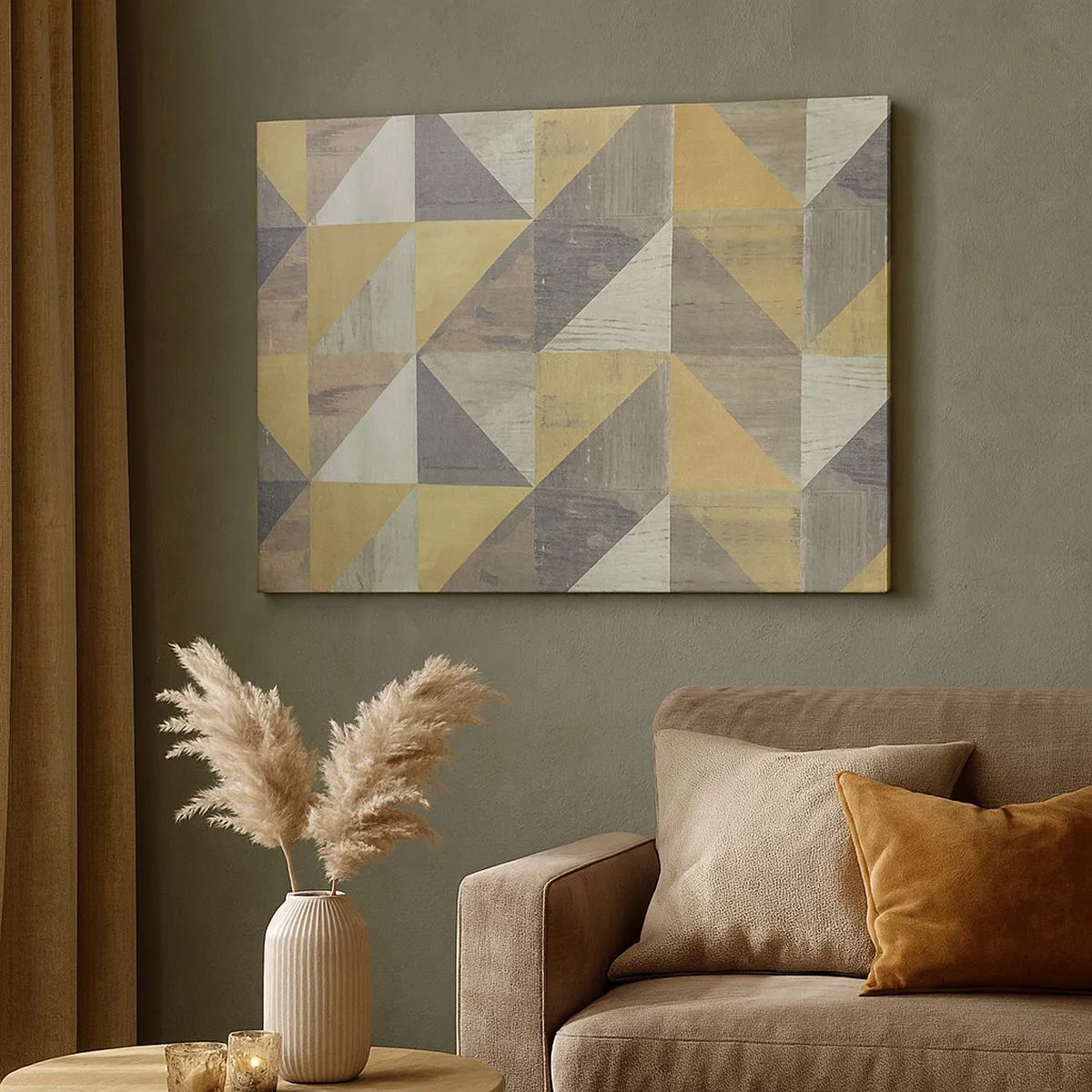 Vászonkép - Földszínű háromszögek geometriai kompozíciója - 70x50cm - A háromszög szögében - Modern fali dekoráció nappalihoz és hálószobához ARTTOR